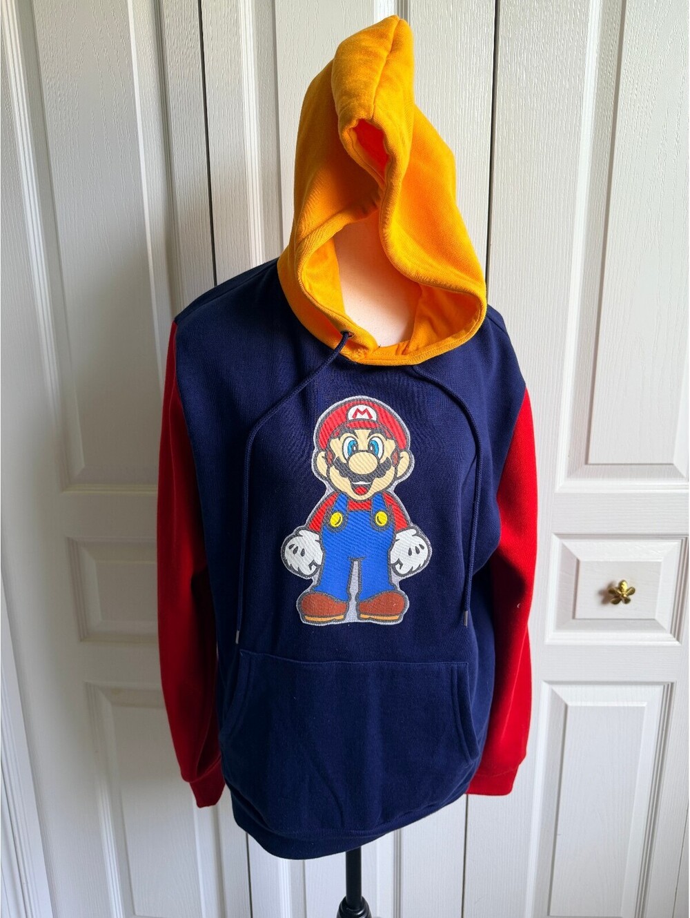 Super Mario Colorblock Hoodie with Graphic Print and Yellow Hood. M/L